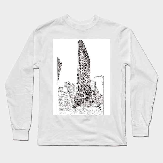 Flatiron New York Cityscape USA Pen and Ink Illustration Long Sleeve T-Shirt by Wall-Art-Sketch